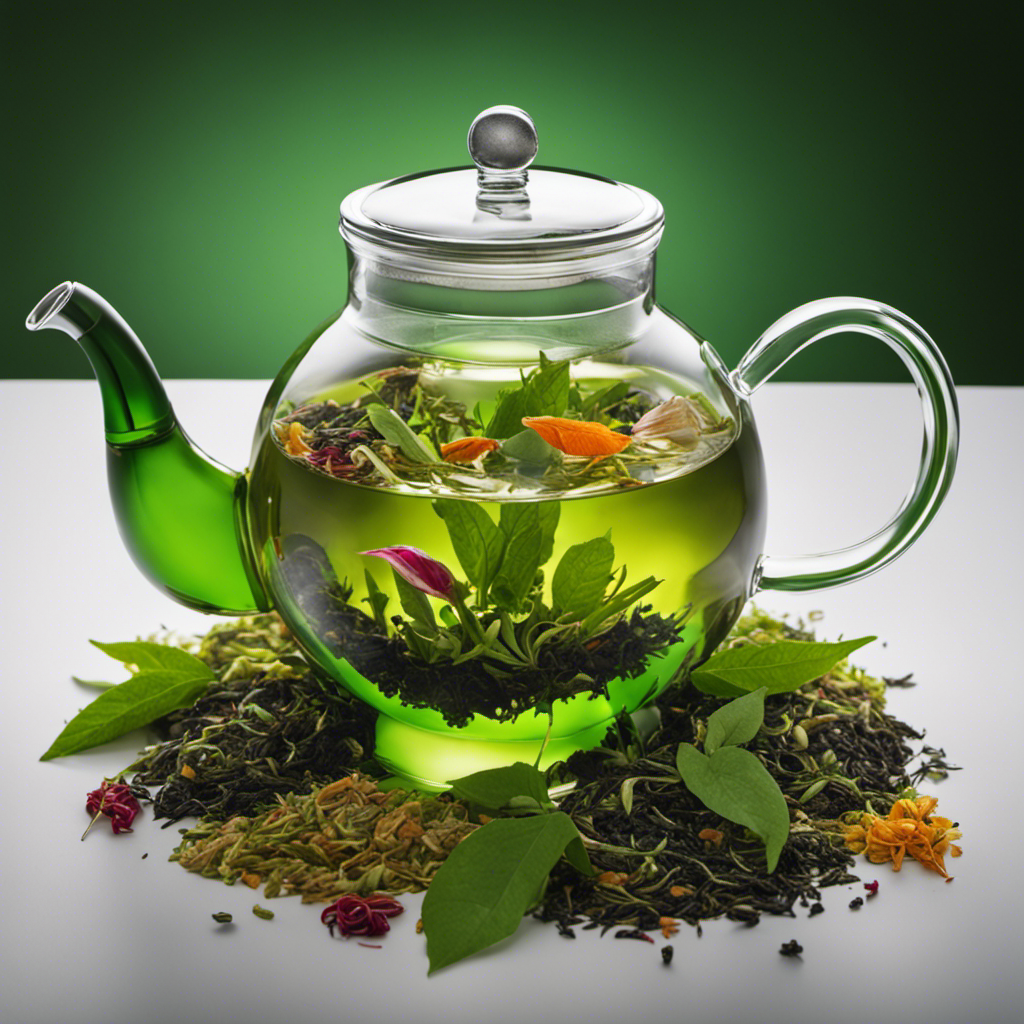 An image showcasing a vibrant glass teapot surrounded by an assortment of freshly harvested tea leaves - green, black, and herbal - ready to be transformed into the invigorating and effervescent elixir known as kombucha