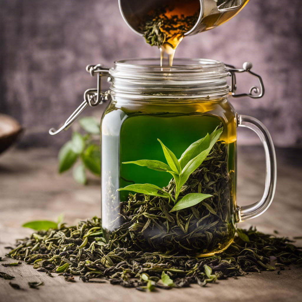 An image showcasing a glass jar filled with vibrant green loose tea leaves, specifically black or green tea leaves, being carefully poured into a steaming cup of kombucha