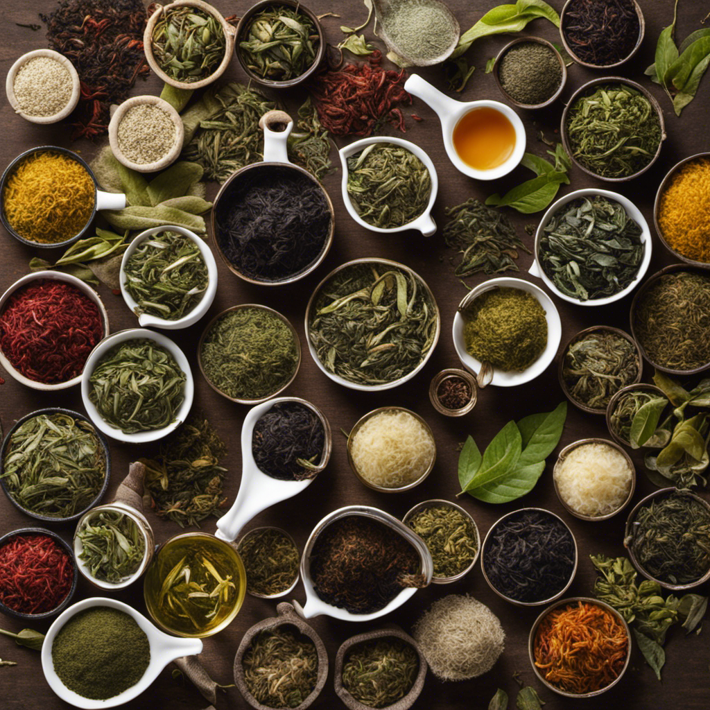 An image showcasing a variety of loose tea leaves, including black, green, and white tea