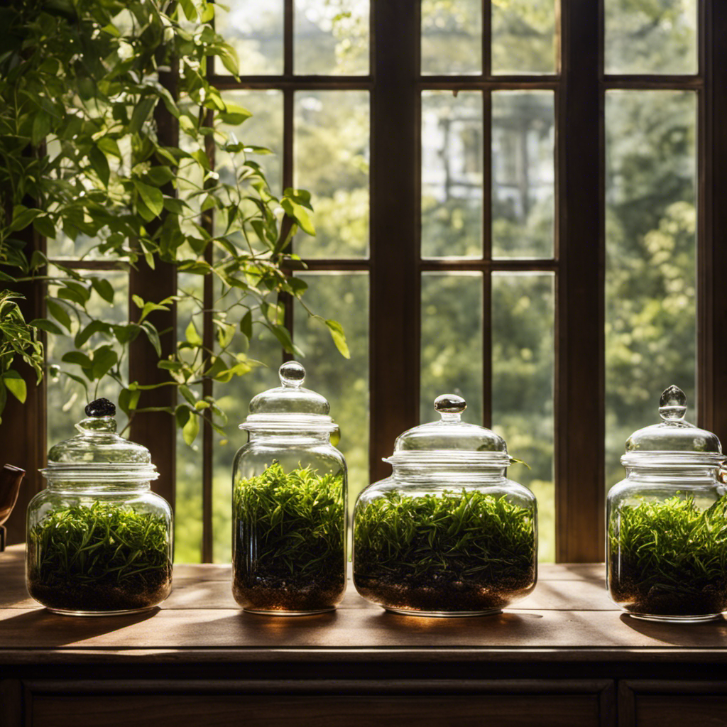 an enchanting scene of a sunlit kitchen, adorned with glass jars filled with vibrant tea leaves