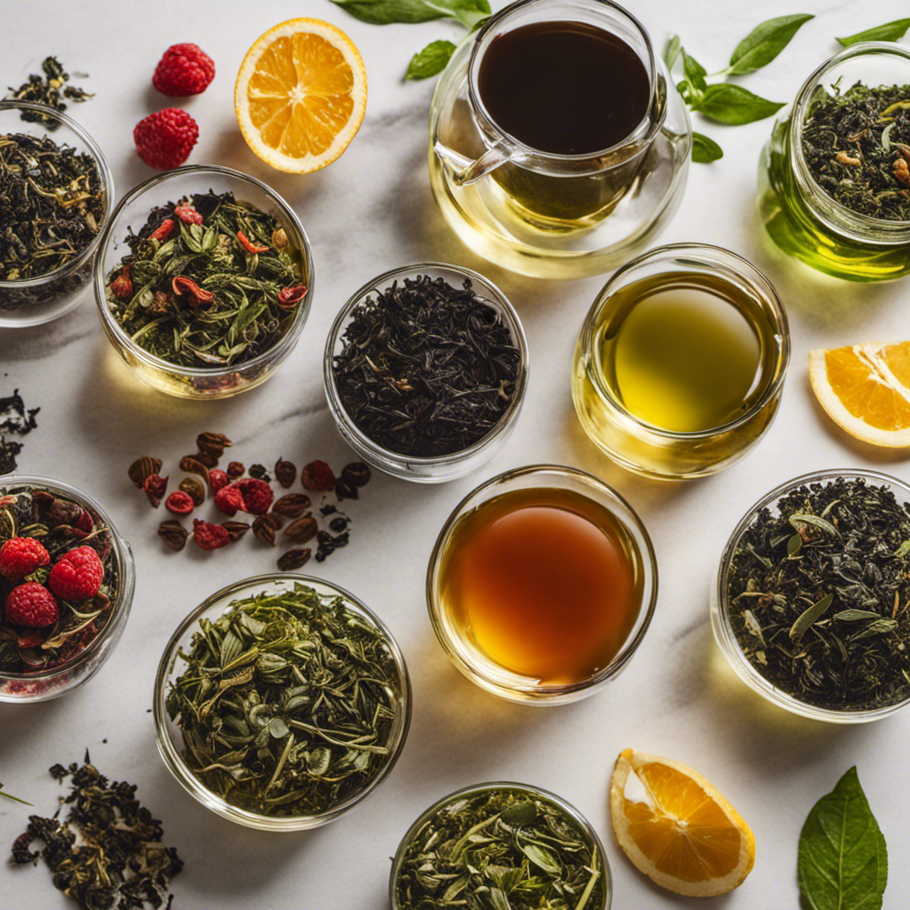 An image showcasing an assortment of vibrant loose-leaf teas, including green, black, and oolong varieties