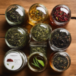An image showcasing a selection of loose tea leaves, featuring a vibrant array of green, black, and oolong varieties