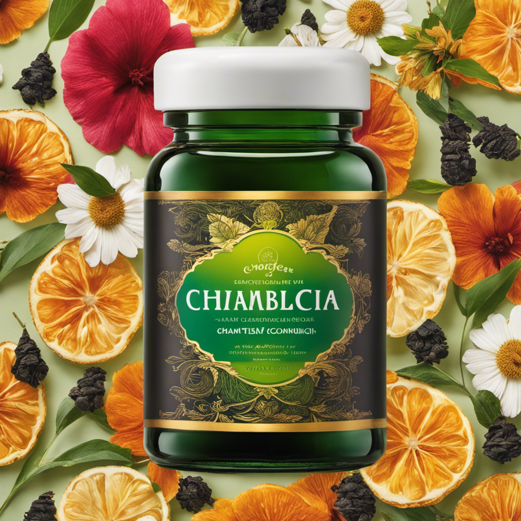 An image capturing a glass jar filled with a vibrant, amber-hued liquid - a blend of black, green, and white tea leaves delicately floating inside