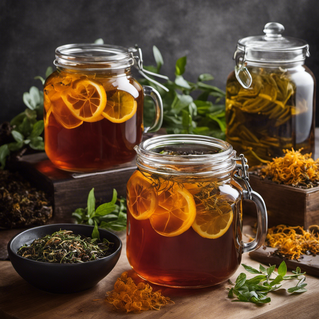 An image featuring a glass jar filled with rich, amber-hued kombucha, swirling with delicate tendrils of steam