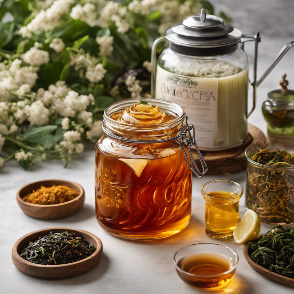 An image featuring a glass jar filled with rich, amber-hued kombucha, swirling with delicate tendrils of steam