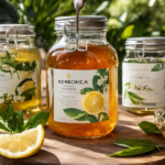 An image showcasing a vibrant glass jar filled with homemade kombucha, infused with delicate, pale silver needle white tea leaves