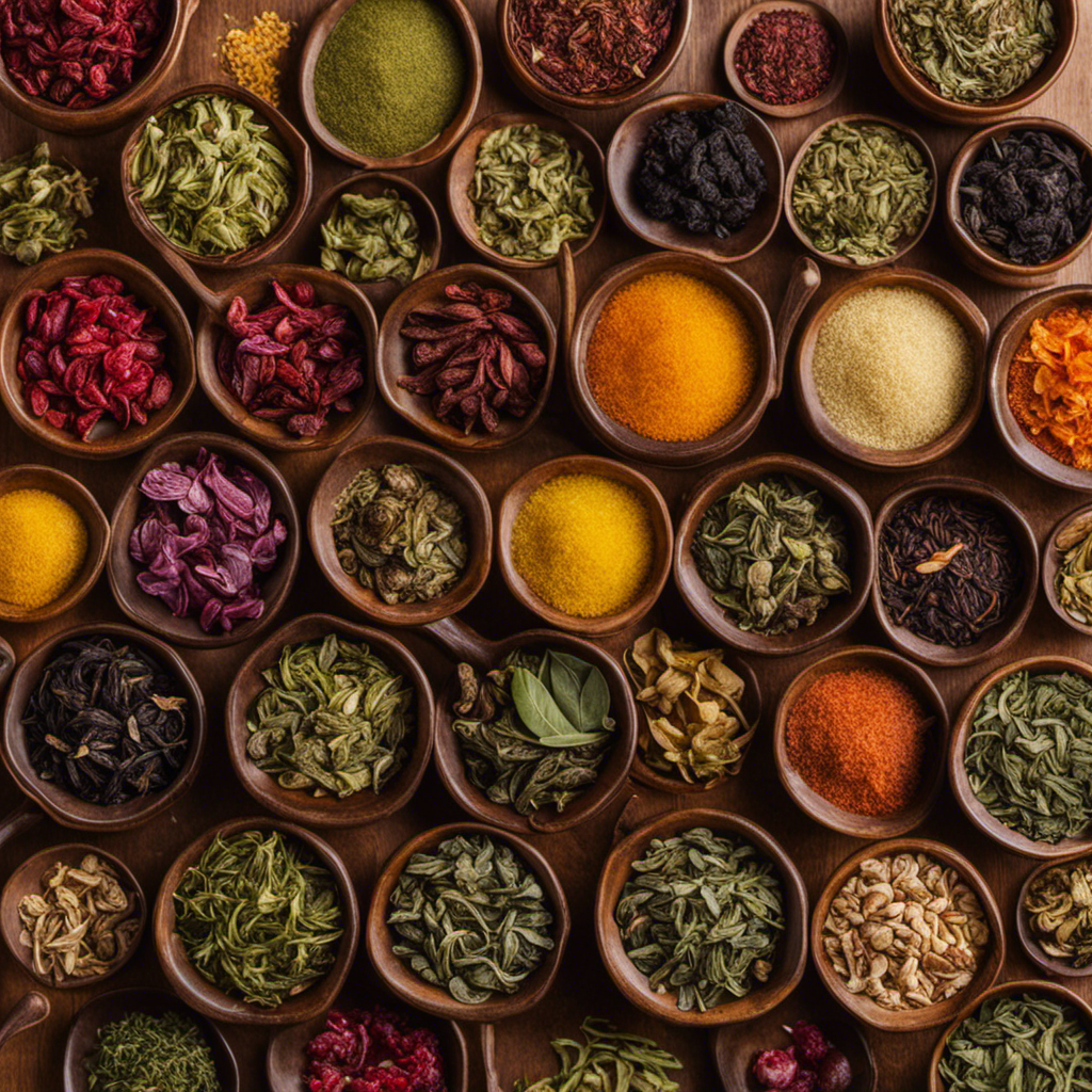 An image capturing a collection of vibrant loose tea leaves, including green, black, oolong, and white varieties, alongside dried fruits and herbs