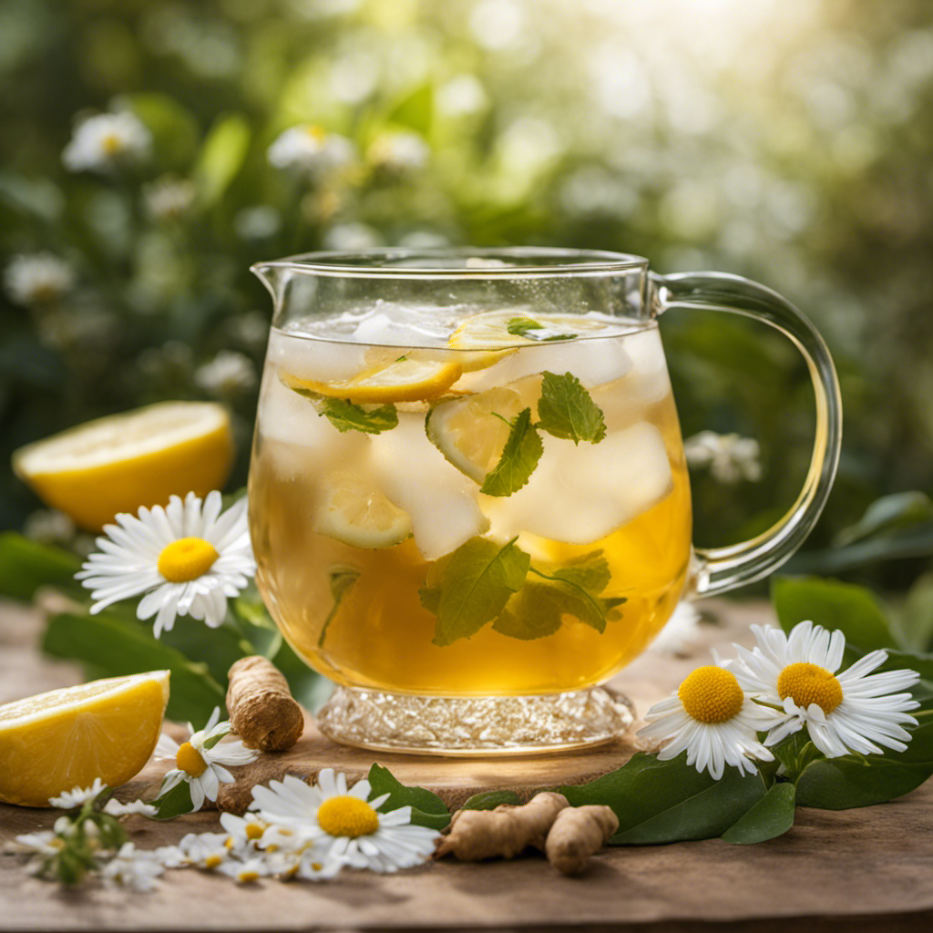 An image showcasing a soothing, effervescent glass of kombucha tea, brimming with fresh ginger slices, chamomile flowers, and a hint of lemon, all against a backdrop of a calm, serene setting