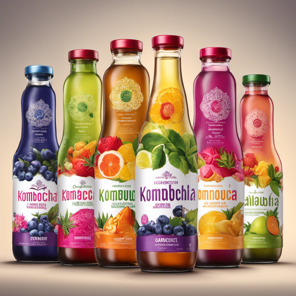 An image depicting a vibrant assortment of Kombucha tea bottles, showcasing various flavors like dragonfruit, ginger, and blueberry