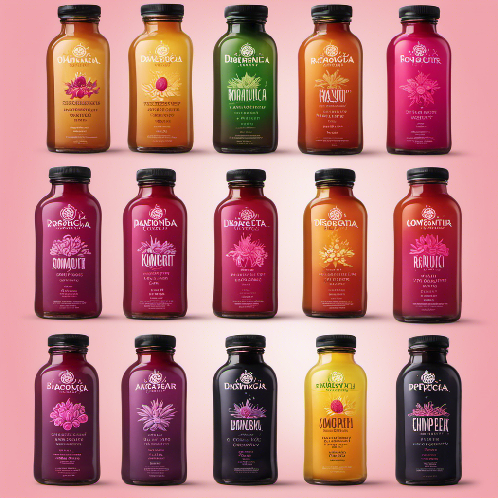 An image depicting a vibrant assortment of Kombucha tea bottles, showcasing various flavors like dragonfruit, ginger, and blueberry