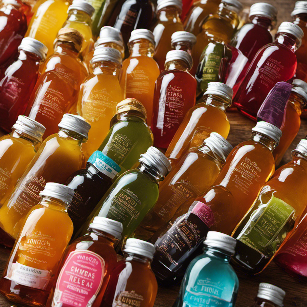 An image featuring a variety of vibrant glass bottles filled with effervescent Kombucha tea