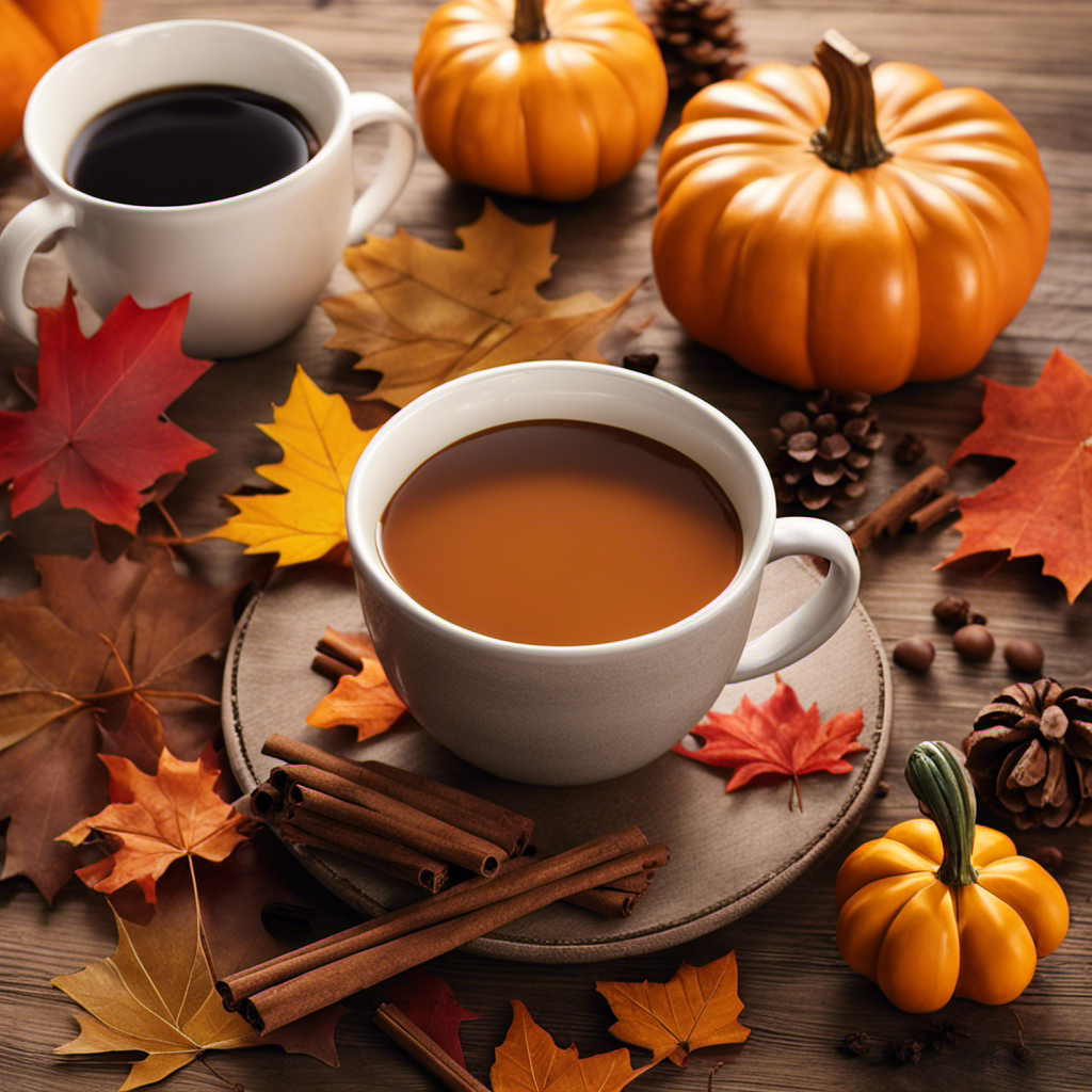 An image showcasing a cozy autumn scene: a rustic wooden table adorned with a steaming cup of Nespresso Pumpkin Spice, accompanied by a slice of pumpkin pie, cinnamon sticks, and vibrant fall leaves scattered around