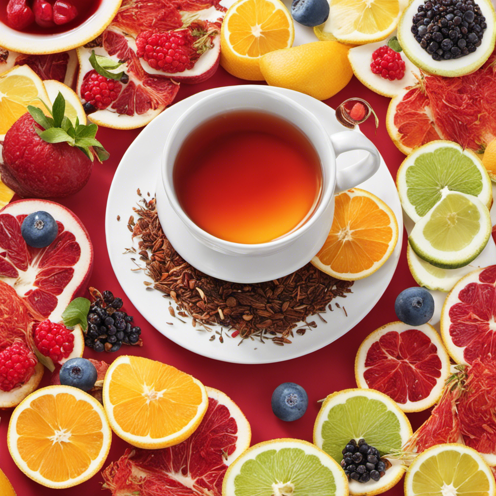 An image showcasing a steaming cup of vibrant red rooibos tea, surrounded by an assortment of fresh, colorful fruits, highlighting its antioxidant-rich properties