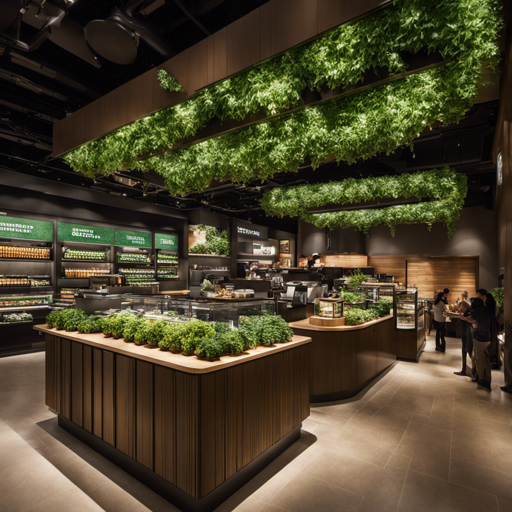 An image showcasing a bustling Starbucks café, with energy-efficient LED lighting illuminating the space, recyclable cups neatly stacked, and a green rooftop garden flourishing with plants, highlighting Starbucks' eco-friendly initiatives