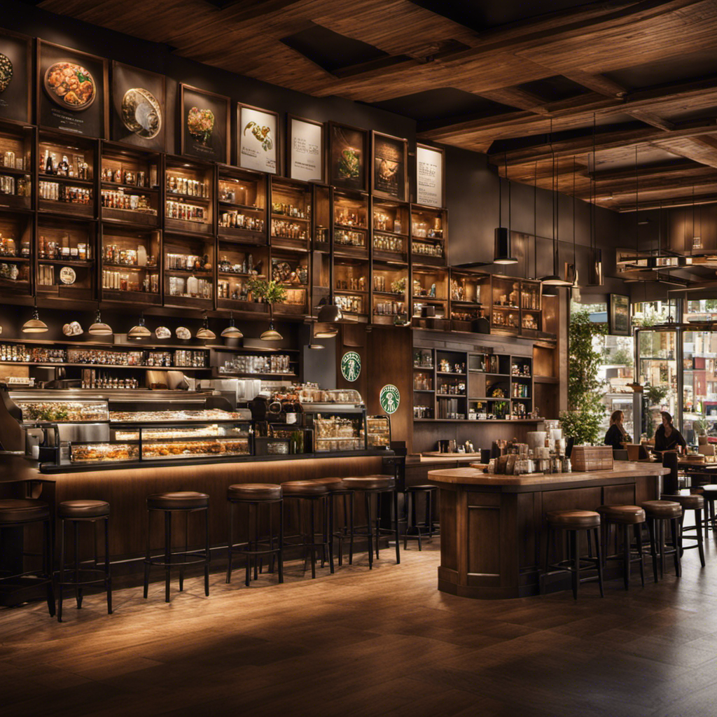 An image showcasing a bustling Starbucks cafe, with people from diverse backgrounds engrossed in conversation, savoring their favorite beverages, and enjoying the cozy ambience that reflects Starbucks' global appeal