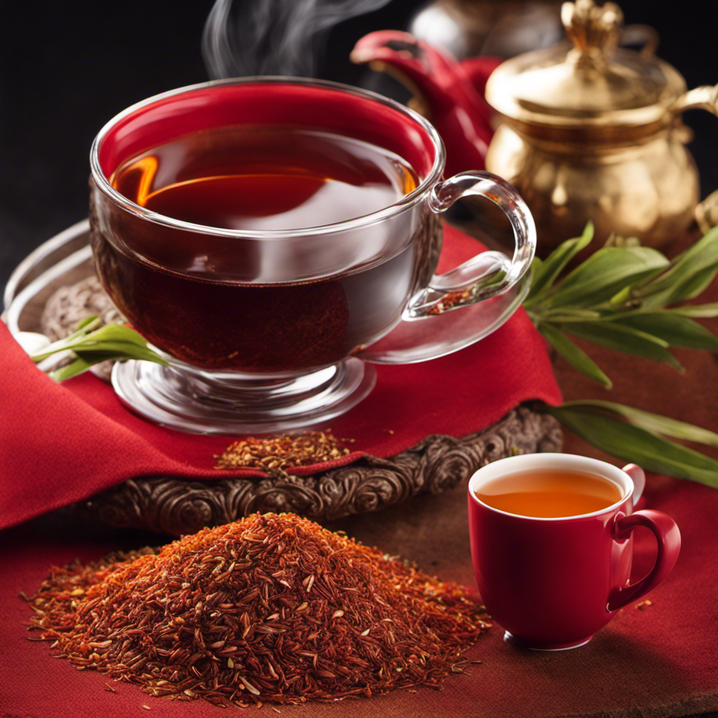 An image showcasing a vibrant, red-hued cup of Rooibos tea, exuding an enticing aroma