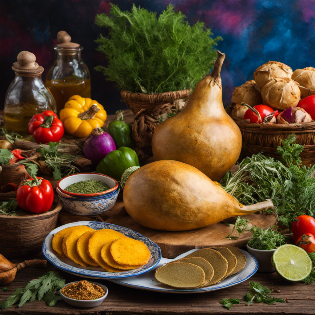 An image showcasing a traditional Argentinian scene, with a gourd filled with yerba mate placed on a wooden table beside a plate of freshly baked medialunas, empanadas, and provoleta, surrounded by a vibrant assortment of colorful vegetables and herbs