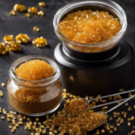 An image showcasing a glass jar filled with golden-brown turbinado sugar crystals, pouring them into a measuring cup with milliliter markings