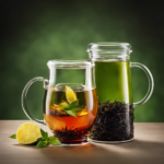 An image showcasing two elegant glass teacups, one filled with vibrant green tea and the other with rich black tea, slowly pouring together into a gleaming kombucha jar, revealing the perfect balance of colors for the ideal brew