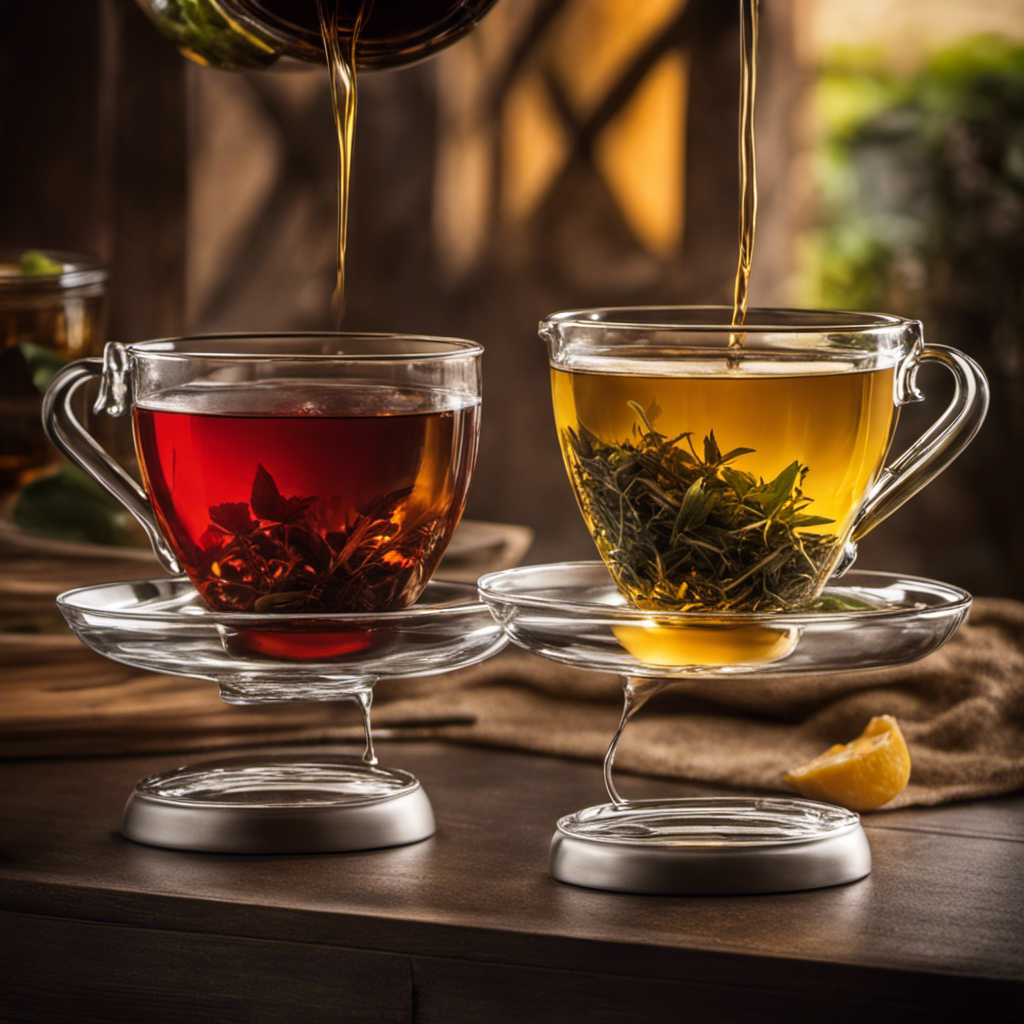 An image showcasing two elegant glass teacups, one filled with vibrant green tea and the other with rich black tea, slowly pouring together into a gleaming kombucha jar, revealing the perfect balance of colors for the ideal brew