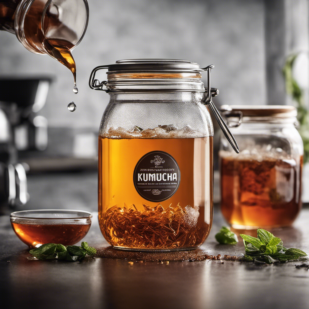 An image showcasing the perfect balance of ingredients for Kombucha: a glass jar filled with brewed tea, a spoonful of sugar dissolving in it, and droplets of water splashing in, capturing the essence of the tea-to-sugar-to-water ratio