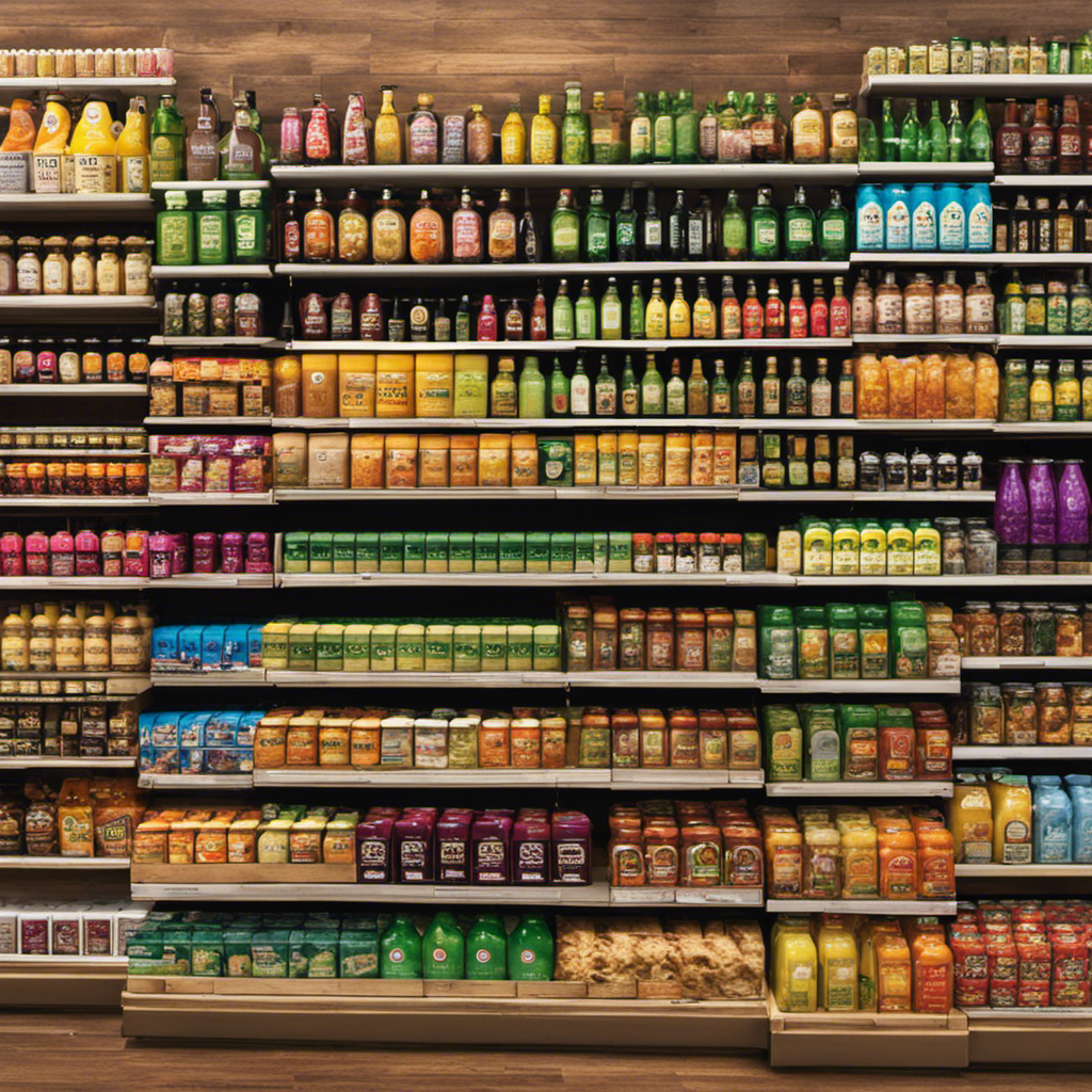 An image showcasing a vibrant, bustling grocery store aisle filled with a wide array of kombucha tea brands neatly displayed on shelves
