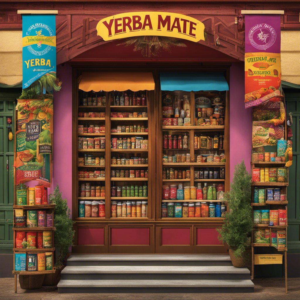 An image that showcases a diverse array of vibrant storefronts, adorned with colorful banners and signage, offering an inviting selection of Yerba Mate products