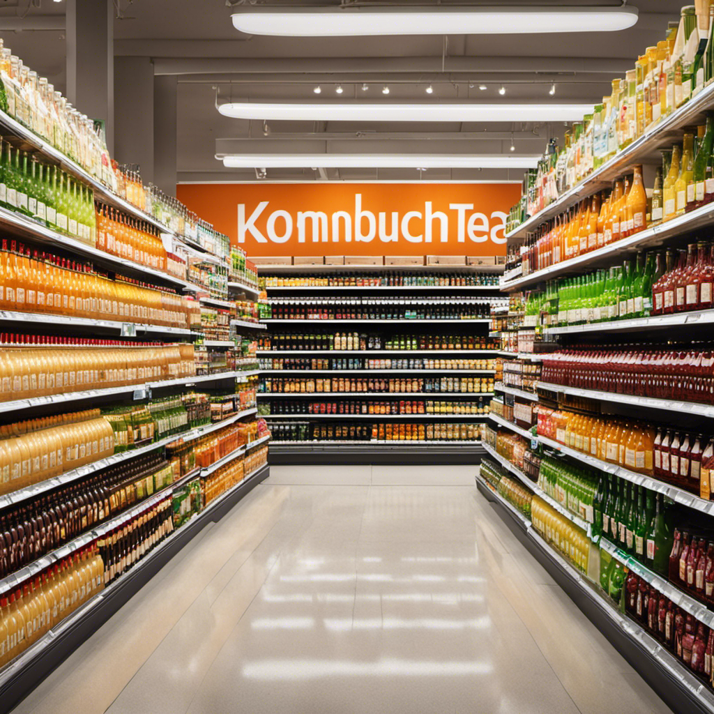 An image showcasing a bustling grocery store aisle filled with vibrant shelves of Kombucha tea bottles, displaying a variety of flavors, brands, and sizes