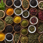 An image showcasing an assortment of loose tea leaves, including black, green, and herbal varieties