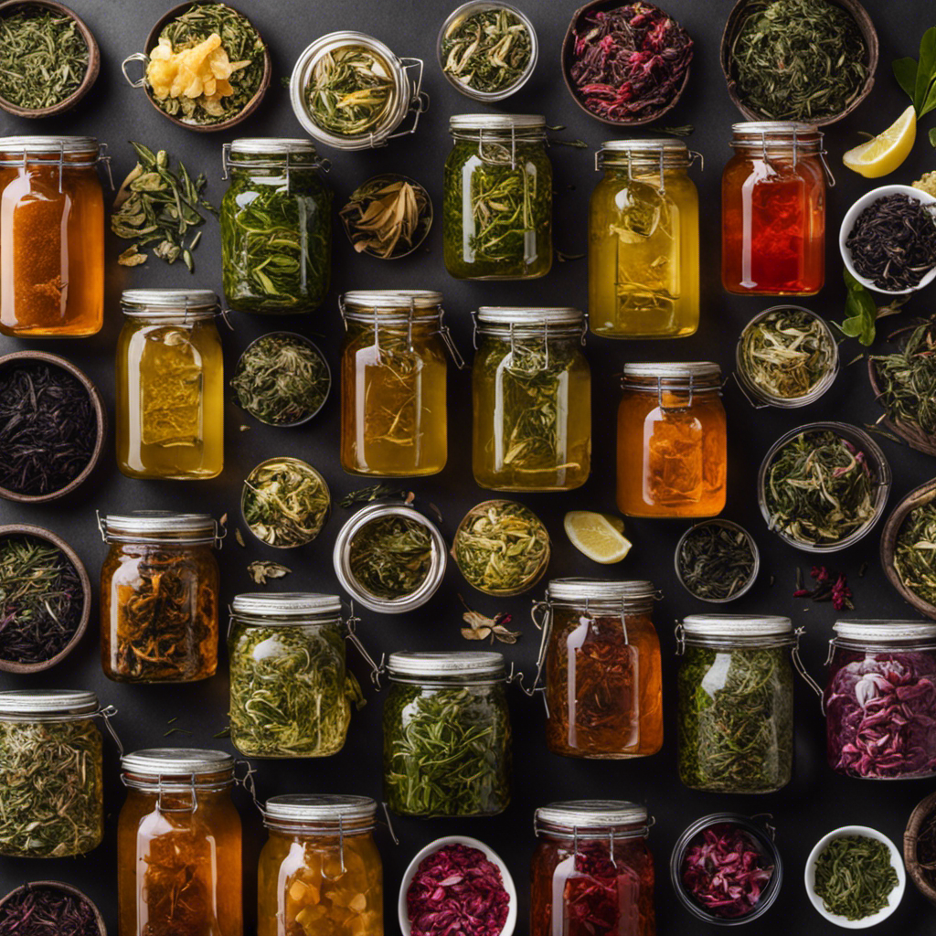 An image showcasing a variety of loose tea leaves, including black, green, and white tea, alongside a glass jar filled with fermented kombucha