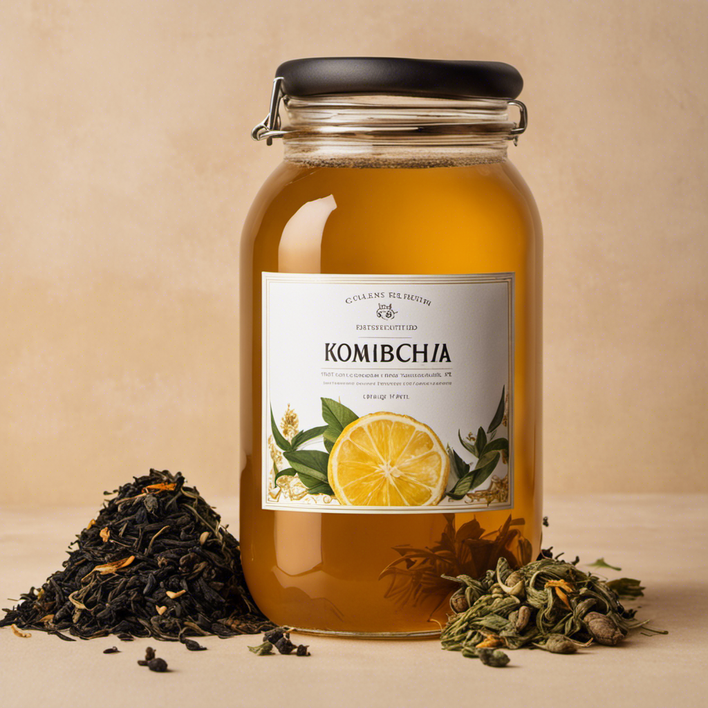 An image showcasing a glass jar filled with freshly brewed, golden-hued kombucha