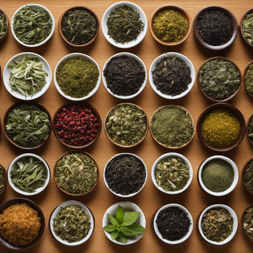 An image showcasing a variety of loose tea leaves, including black, green, and white tea, along with herbs and fruits commonly used in kombucha brewing