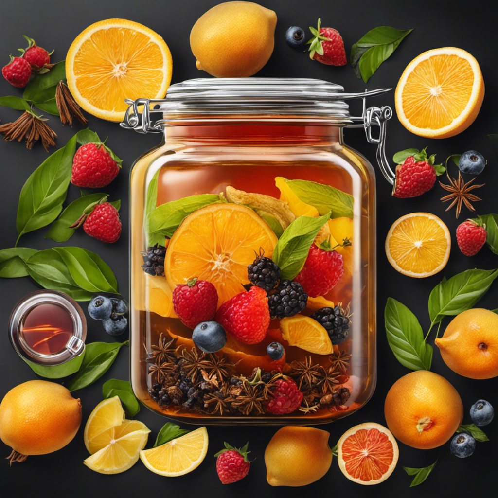 An image showcasing a glass jar filled with a rich, amber-colored liquid, submerged with a bundle of fragrant tea leaves and surrounded by vibrant, fresh fruits, highlighting the variety of teas ideal for crafting delicious homemade kombucha