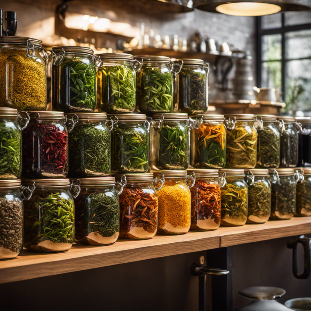 An image showcasing a vibrant array of loose tea leaves in various shades of green, black, and oolong, elegantly arranged in glass jars against a backdrop of a sunlit kitchen counter