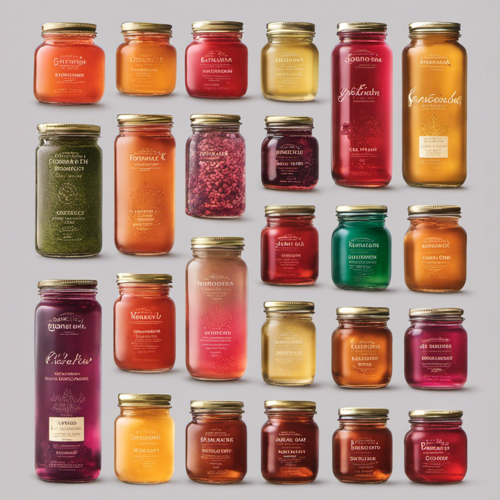An image showcasing an array of vibrant glass jars filled with effervescent kombucha, each infused with a different variety of tea