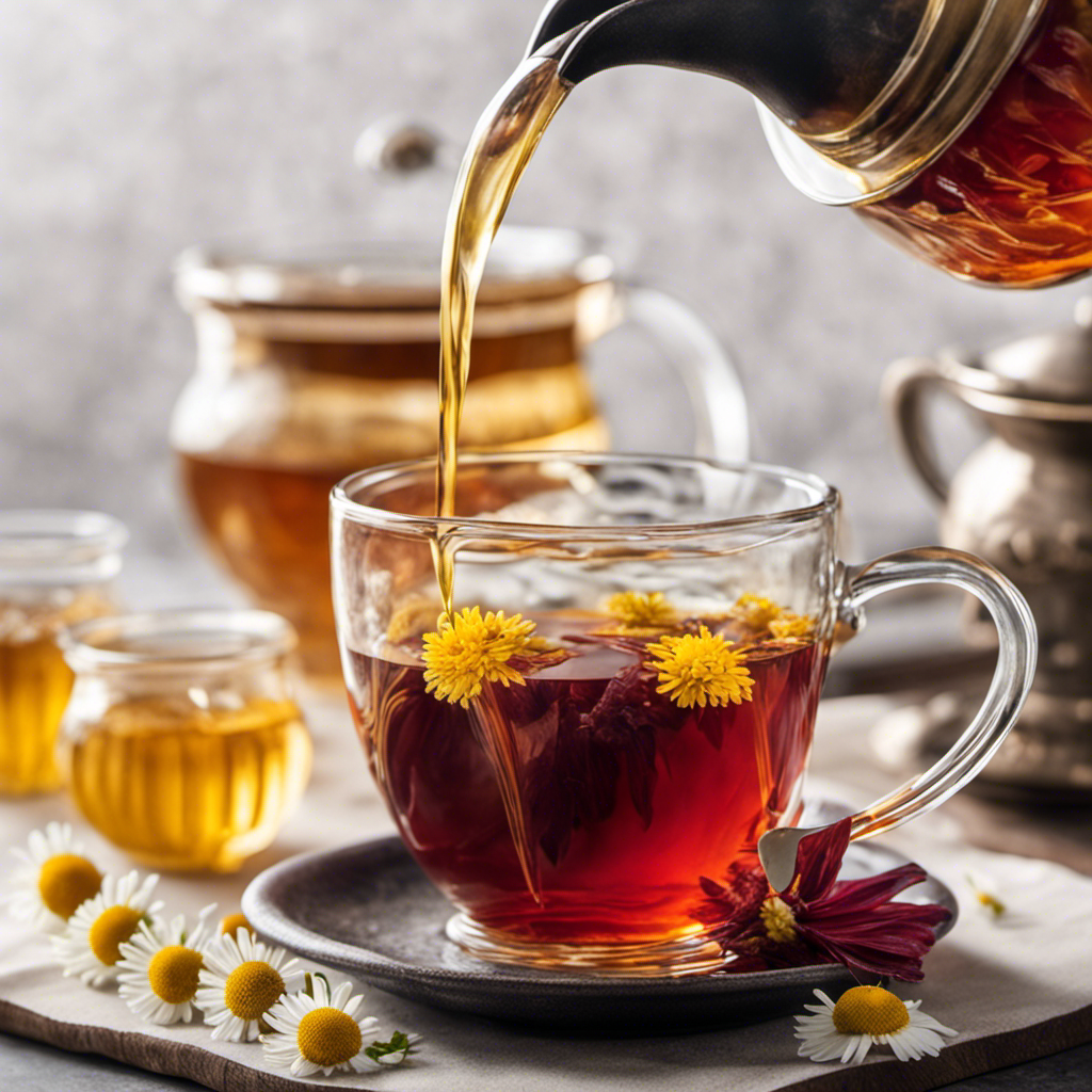 An image featuring a close-up view of a steaming cup of herbal tea made from chamomile or hibiscus, with a hand pouring it over a scoby