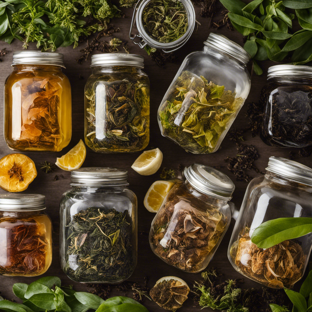 An image showcasing a variety of loose tea leaves, including green, black, and oolong teas, neatly arranged beside a glass jar filled with a thriving SCOBY culture, highlighting the diverse options for brewing a perfect batch of kombucha