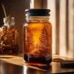 An image featuring a glass jar filled with a rich, amber-hued liquid, with floating tea leaves and a scoby