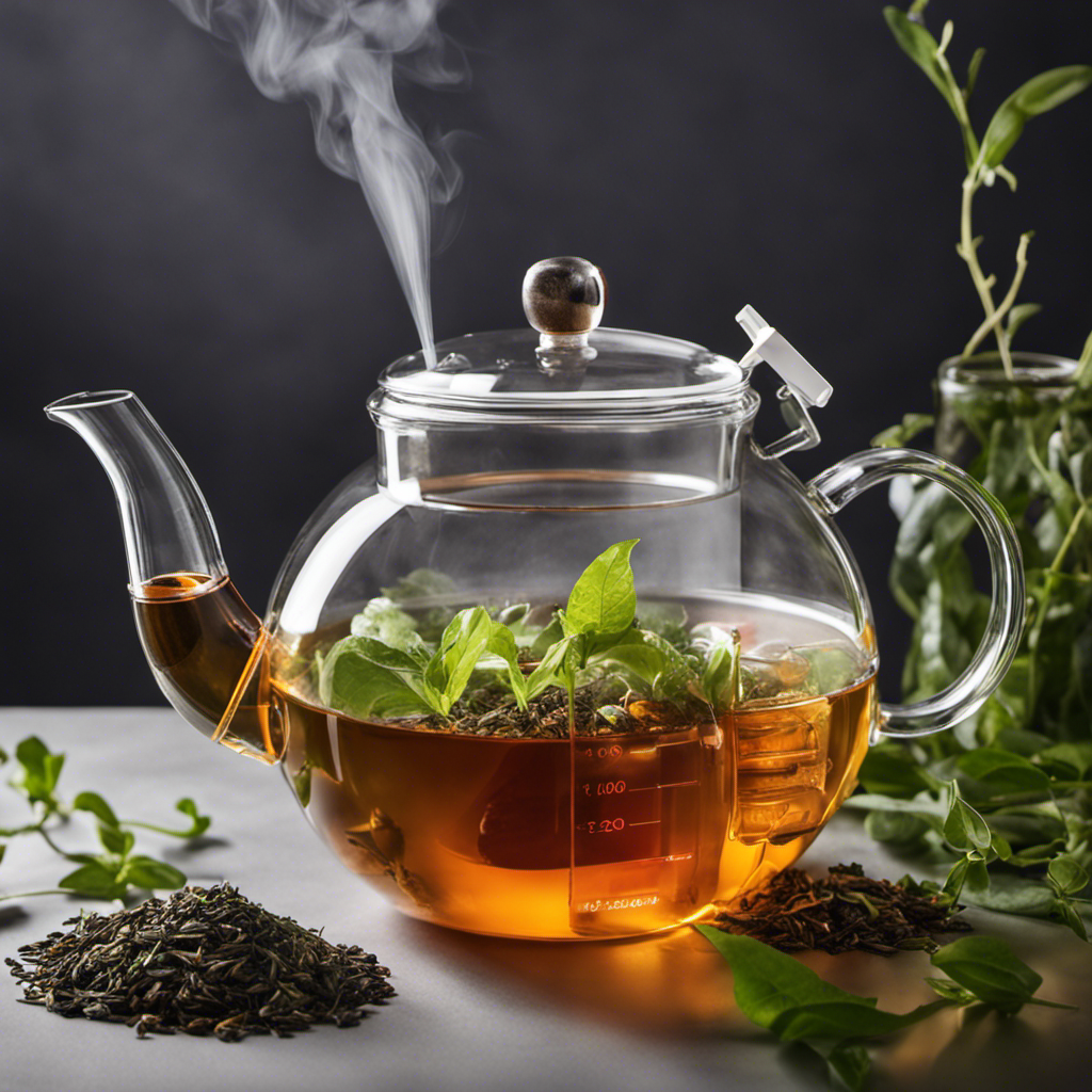 An image showcasing a glass teapot filled with steaming water at precisely 195°F (90°C), surrounded by a variety of loose tea leaves and a digital thermometer displaying the ideal brewing temperature for kombucha