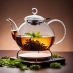 An image showcasing a glass teapot filled with steaming water at precisely 195°F (90°C), surrounded by a variety of loose tea leaves and a digital thermometer displaying the ideal brewing temperature for kombucha