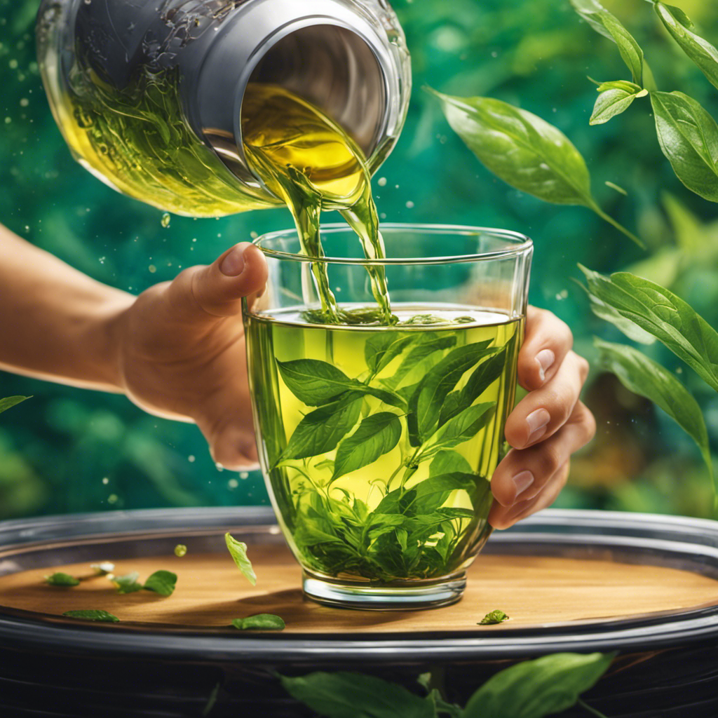 An image of a person holding a glass of kombucha tea, looking disappointed as they pour a stream of concentrated green tea into the glass, with vibrant tea leaves swirling around, enhancing the strength of the drink