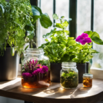 An image showcasing a diverse array of vibrant, leafy potted plants, placed next to a glass jar filled with leftover kombucha starter tea