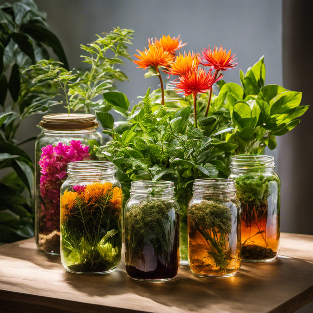 An image showcasing a diverse array of vibrant, leafy potted plants, placed next to a glass jar filled with leftover kombucha starter tea