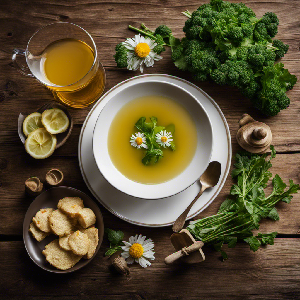 An image showcasing a bowl of soothing ginger-infused soup, a plate of easily digestible steamed vegetables, and a glass of chamomile tea, all arranged beautifully on a rustic wooden table