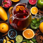 An image showcasing a vibrant, glass pitcher filled with homemade kombucha tea, surrounded by an array of fresh fruits, herbs, and spices