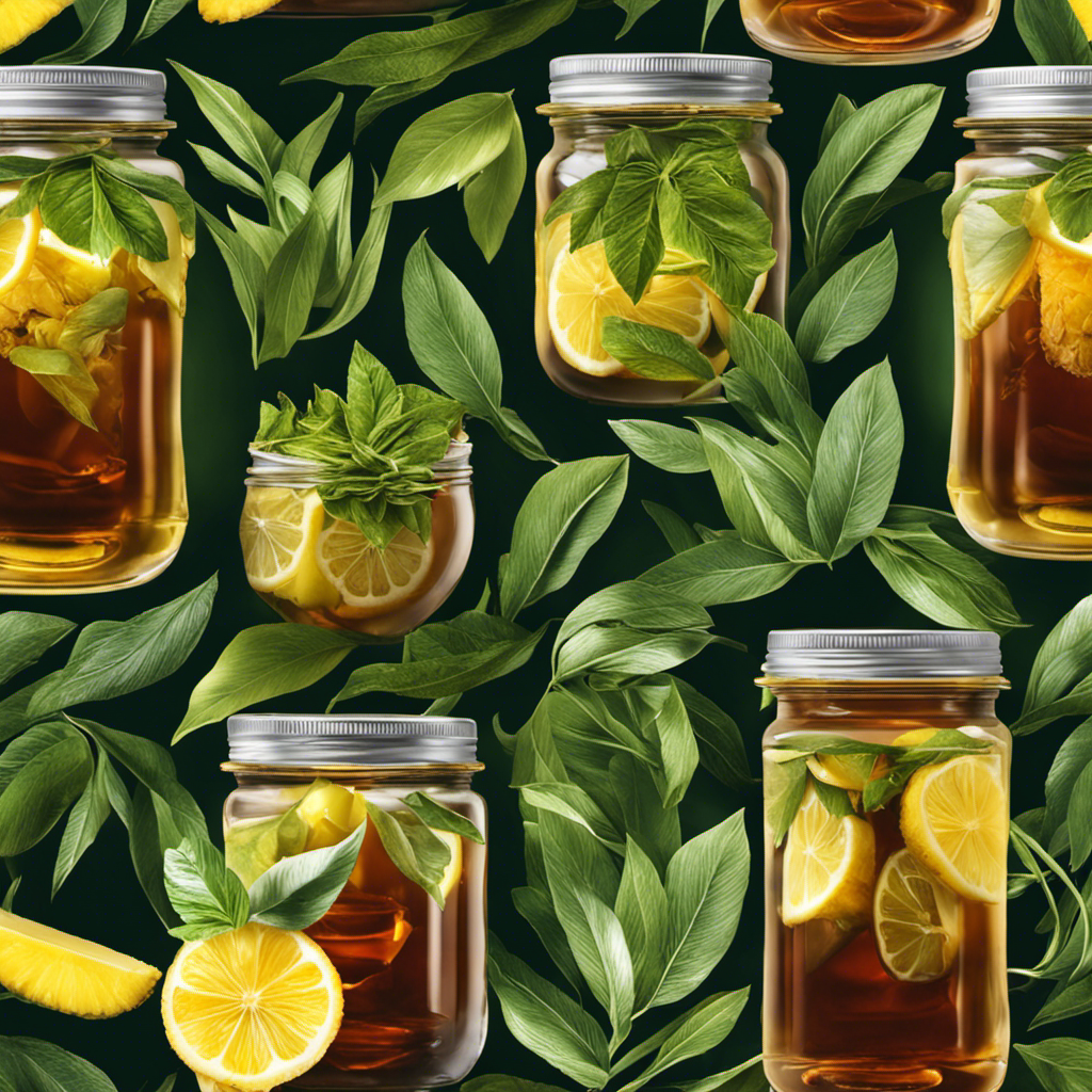 An image showcasing a glass jar filled with sweetened black tea, adorned with a stunning collection of green tea leaves and a slice of juicy pineapple