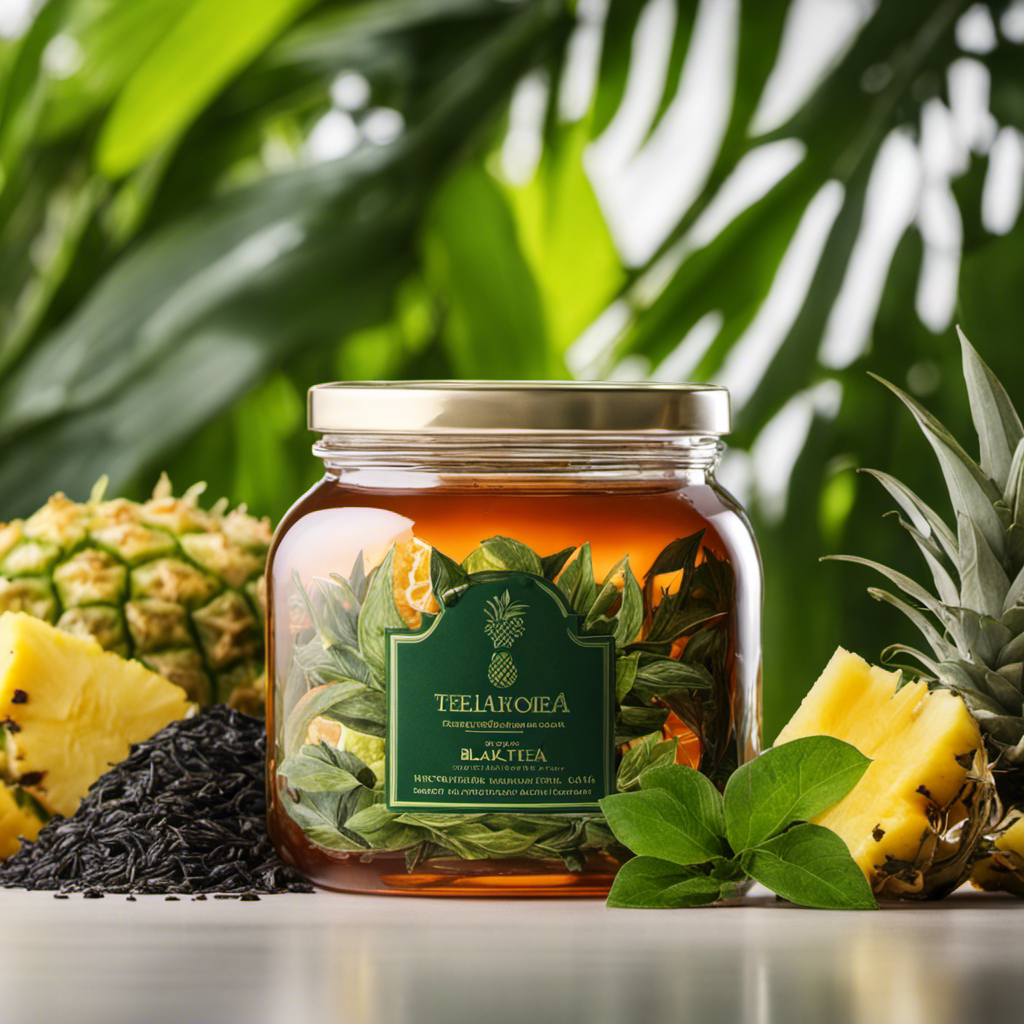 An image showcasing a glass jar filled with sweetened black tea, adorned with a stunning collection of green tea leaves and a slice of juicy pineapple