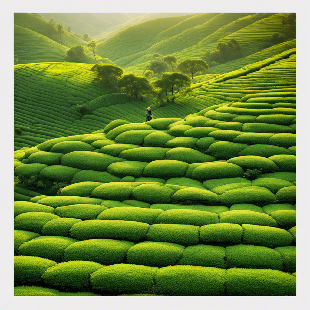 An image showcasing a serene and lush tea garden, with rows of vibrant green tea plants bathed in soft sunlight