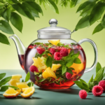 An image showcasing a glass teapot filled with vibrant green tea leaves steeping in a clear liquid