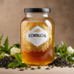 An image showcasing a vibrant glass jar filled with a golden-hued kombucha, surrounded by a variety of loose tea leaves, including green tea, black tea, oolong tea, and white tea, emanating an inviting aroma